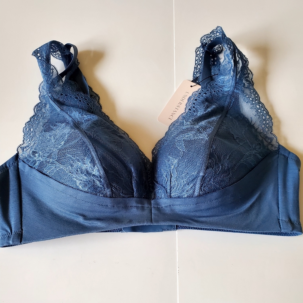 NWT Understance Vintage Blue Wireless Uplift Plunge Lace Bra 34C